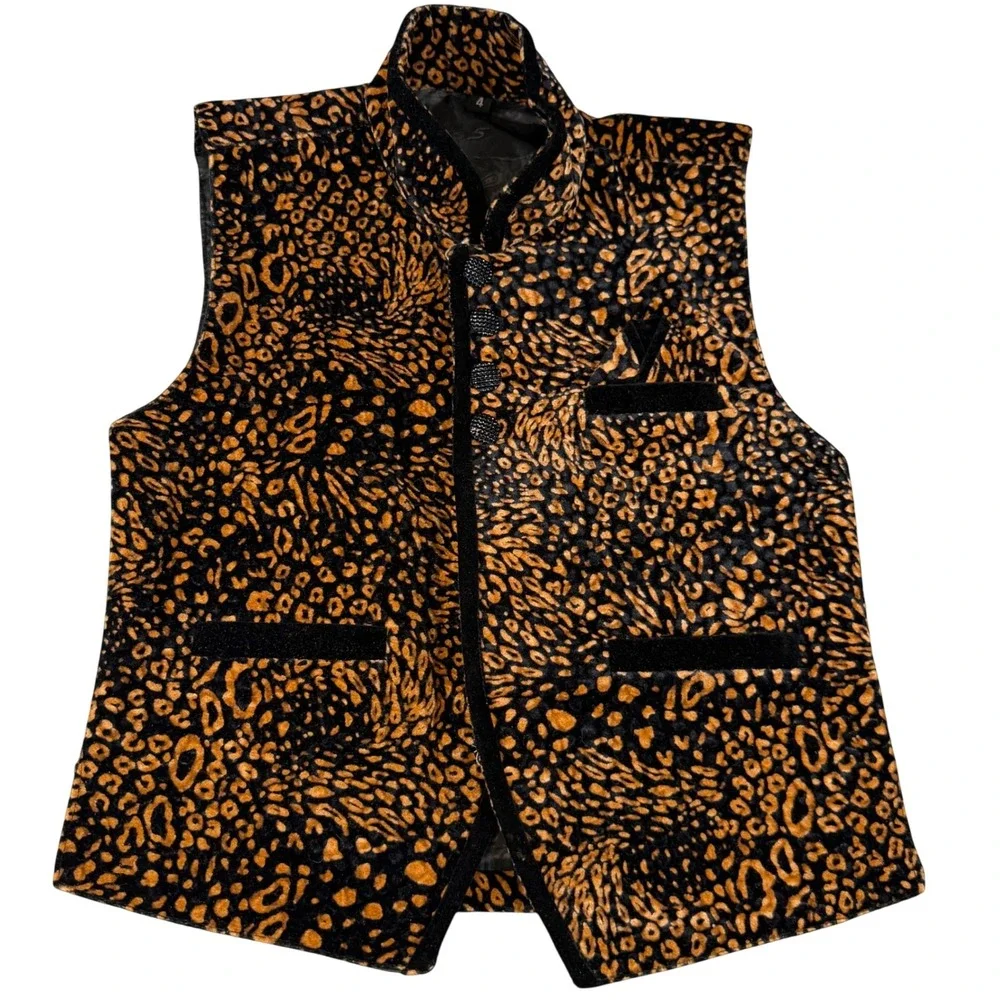 Kids Velour Leopard Print Vest‎ Knot Button Mandarin Collar Statement Vest YS