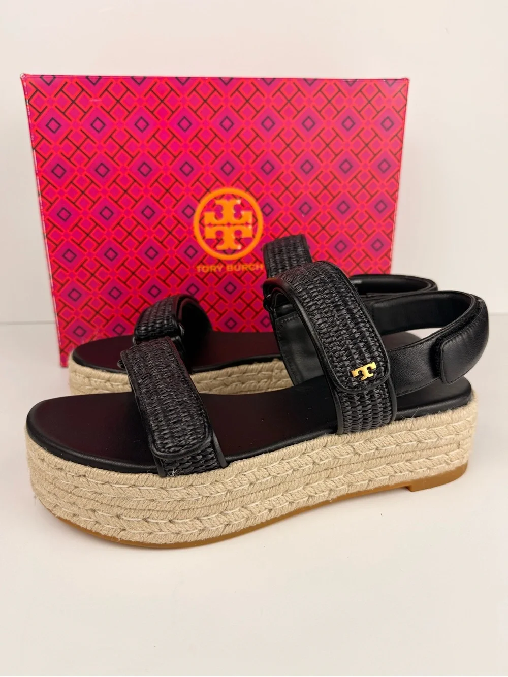 Tory Burch Diego Sport Espadrille Sandals Perfect Black Raffia Platform 8 READ