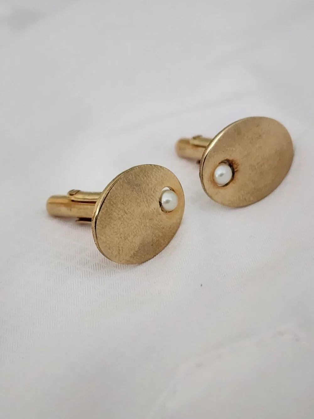 Vintage A&Z 12 K Gold Filled Cufflinks & Tie Clip Set with Faux Pearl Accents
