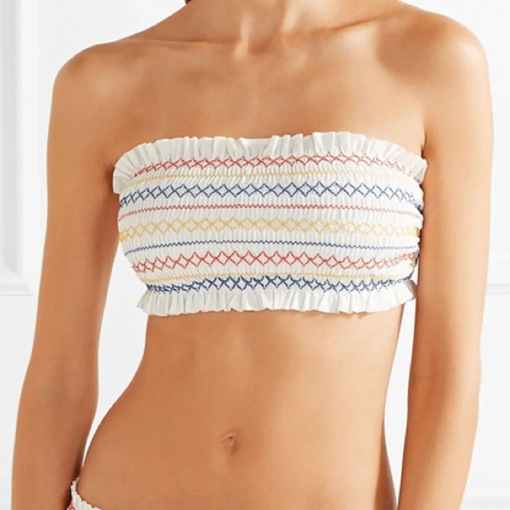 TORY BURCH Costa Smocked Bandeau Bikini Strapless Top in Cream