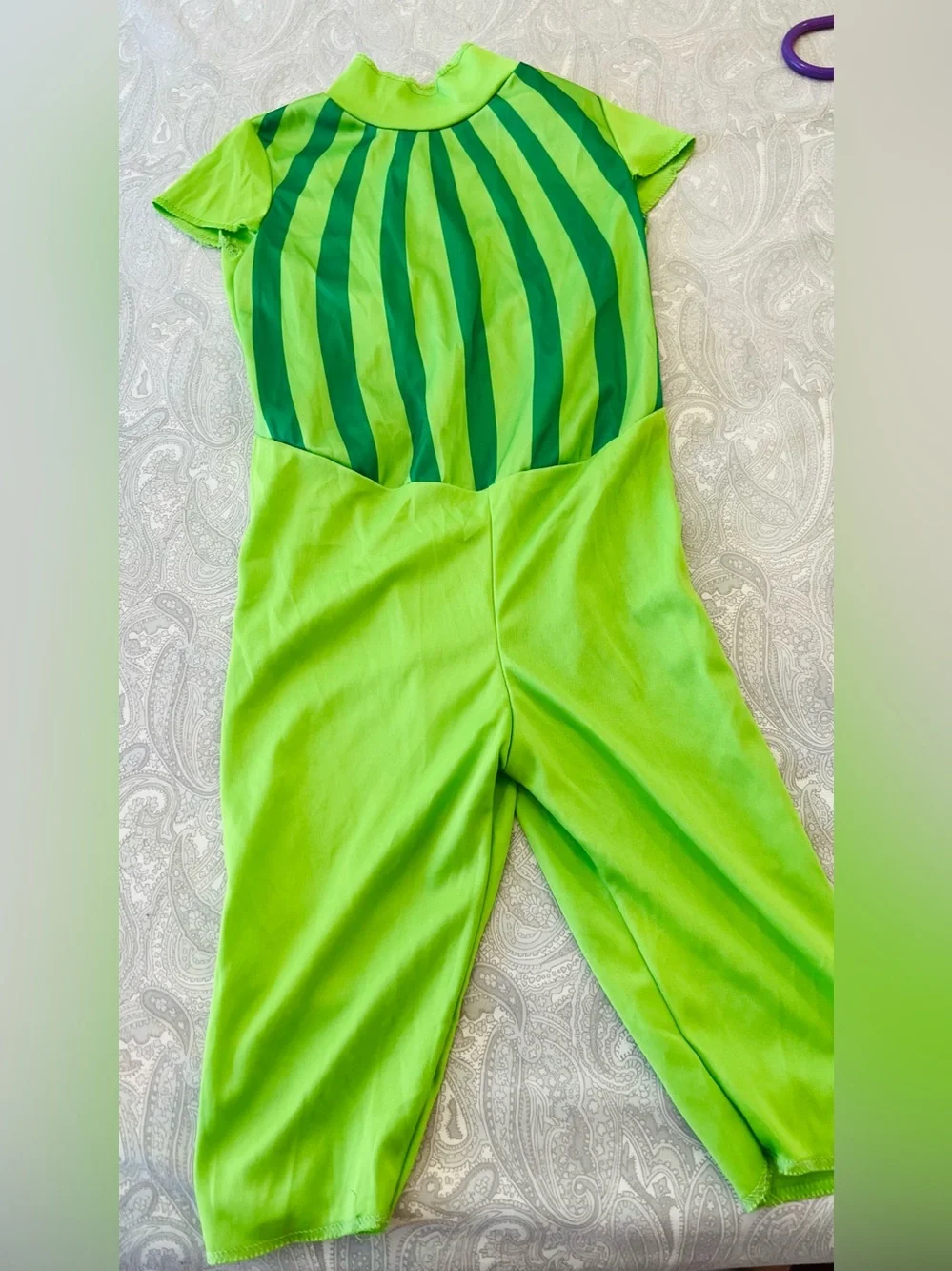 Bright Lime Green Cocomelon Kids Costume Jumpsuit with Dark Green Stripe