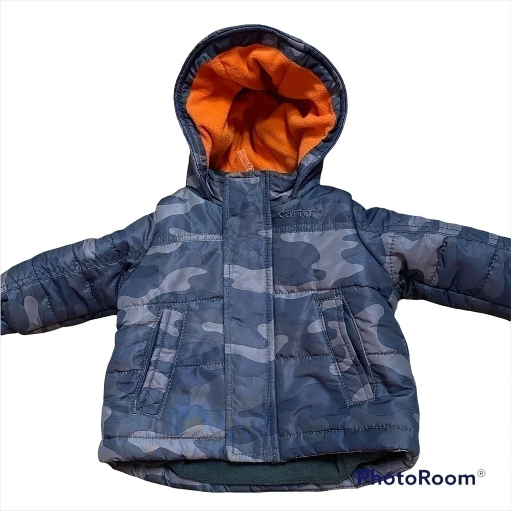 Carter’s Puffer Jacket 12 mos Full Zip Camouflage Green Orange Hooded