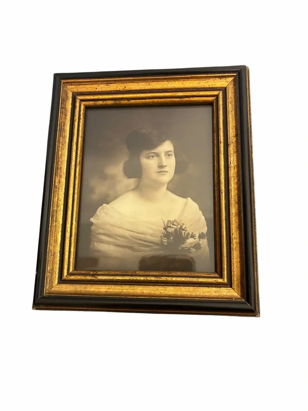 Vintage Ornate Black and Gold Framed Portrait of a Woman Sepia Wall Art