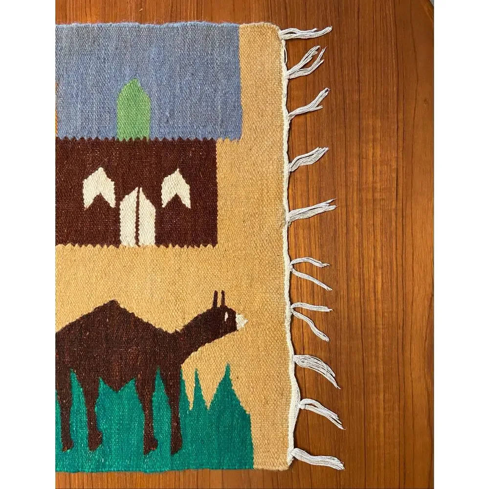 Egyptian Woven Tapestry Rug Wall Hanging Camels Village Folk Art Souvenir