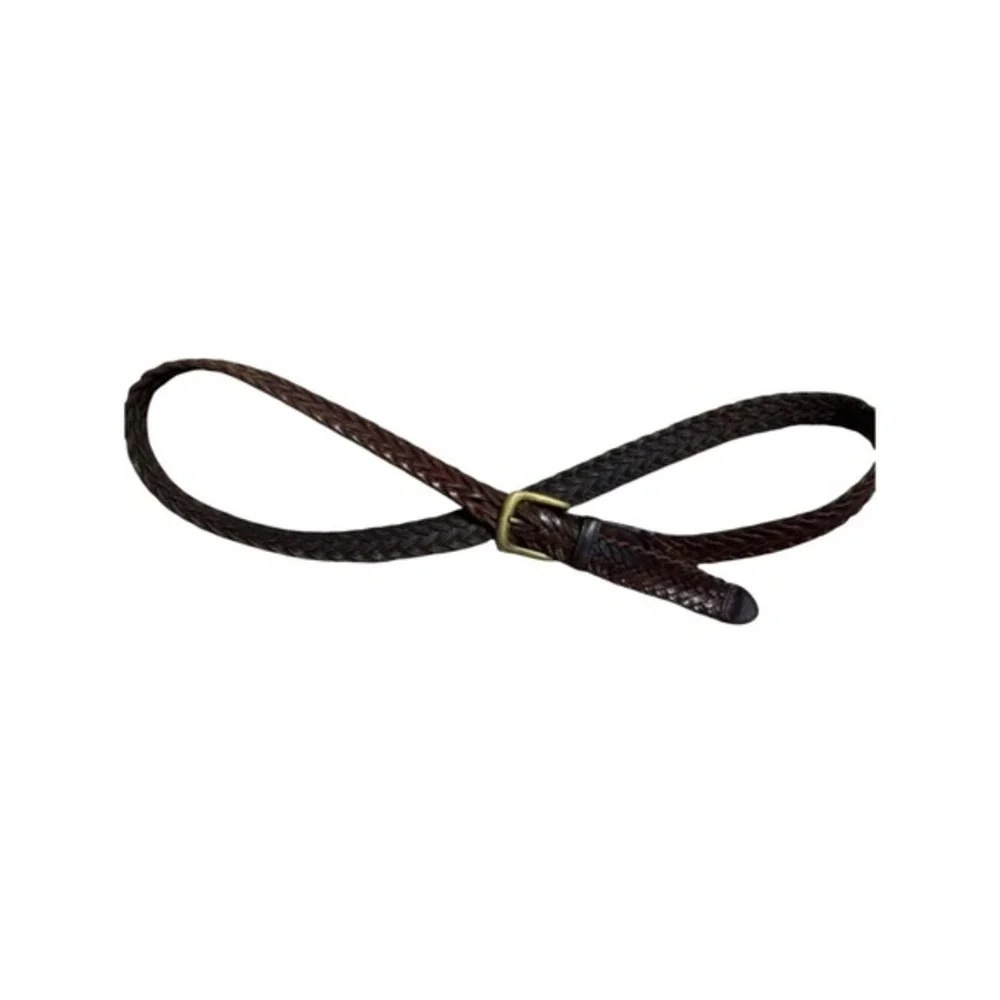 Woven Braided Brown Leather Belt - Genuine Leather - Antique Brass Buckle -‎ 40