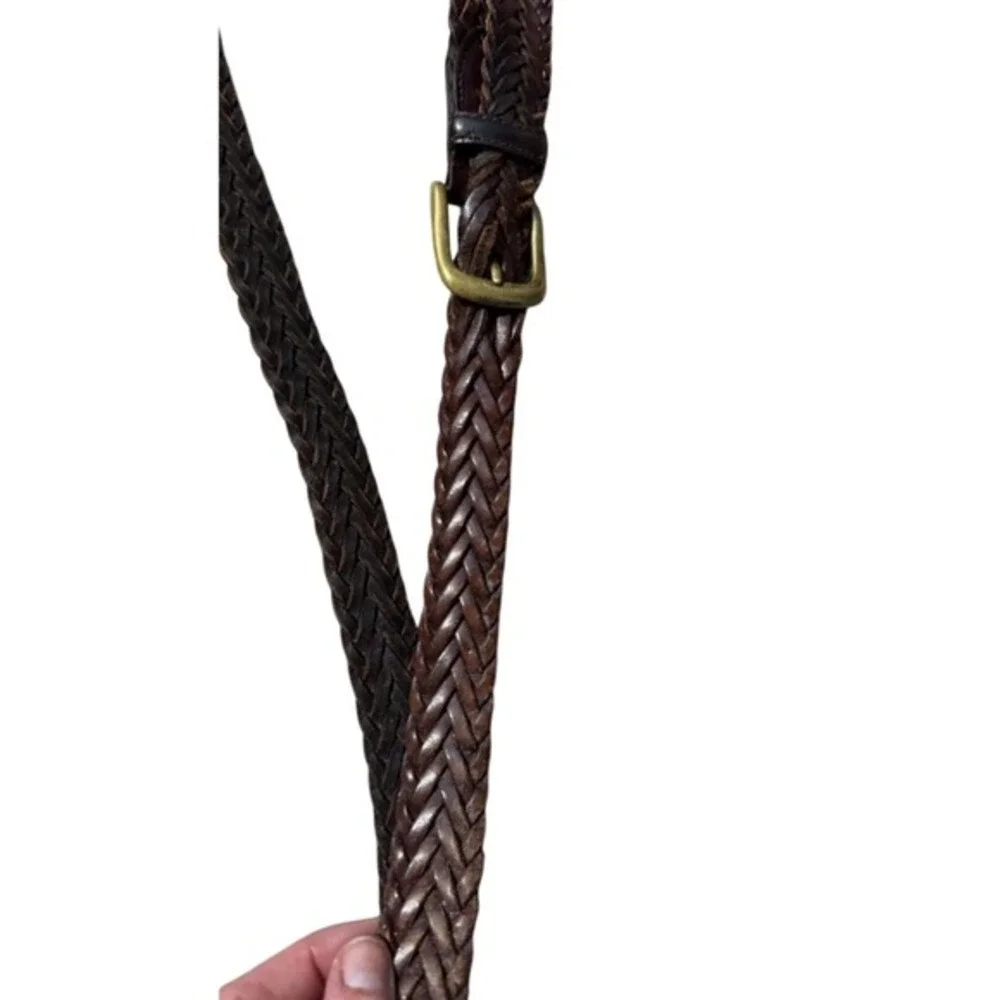 Woven Braided Brown Leather Belt - Genuine Leather - Antique Brass Buckle -‎ 40