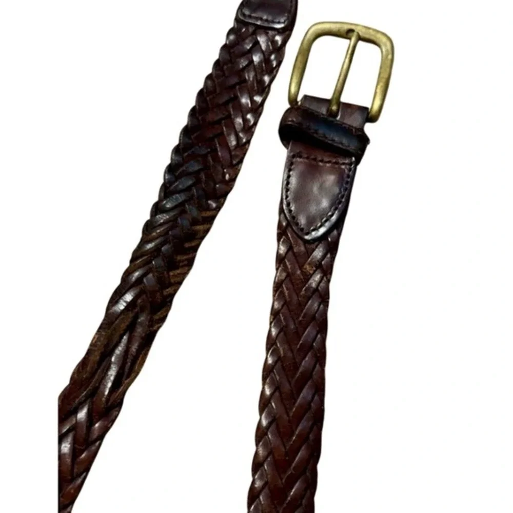 Woven Braided Brown Leather Belt - Genuine Leather - Antique Brass Buckle -‎ 40