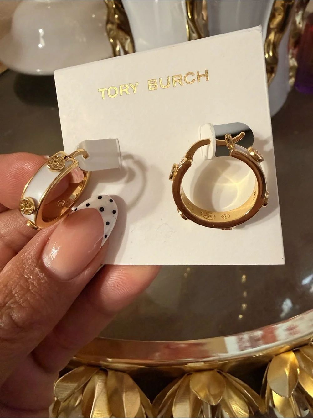 Tory Burch  Gold and White Enamel Logo-Hoop Earrings
