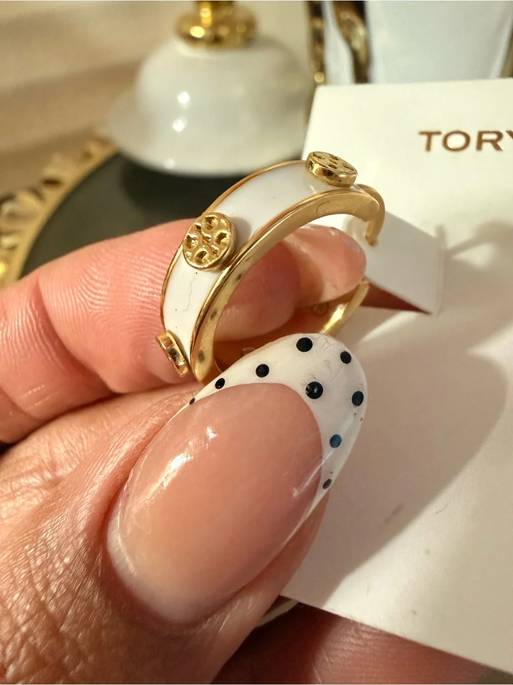 Tory Burch  Gold and White Enamel Logo-Hoop Earrings
