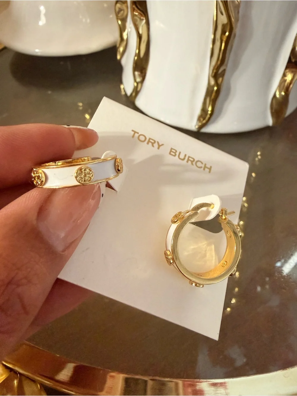 Tory Burch  Gold and White Enamel Logo-Hoop Earrings