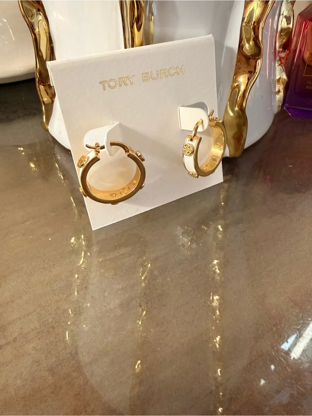 Tory Burch  Gold and White Enamel Logo-Hoop Earrings