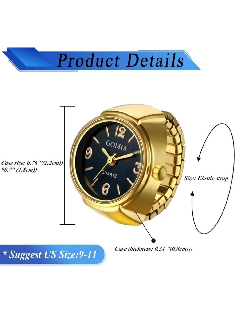 Unisex Gold And Black Analog Stretchy Elastic Band Analogue Finger Ring Watch