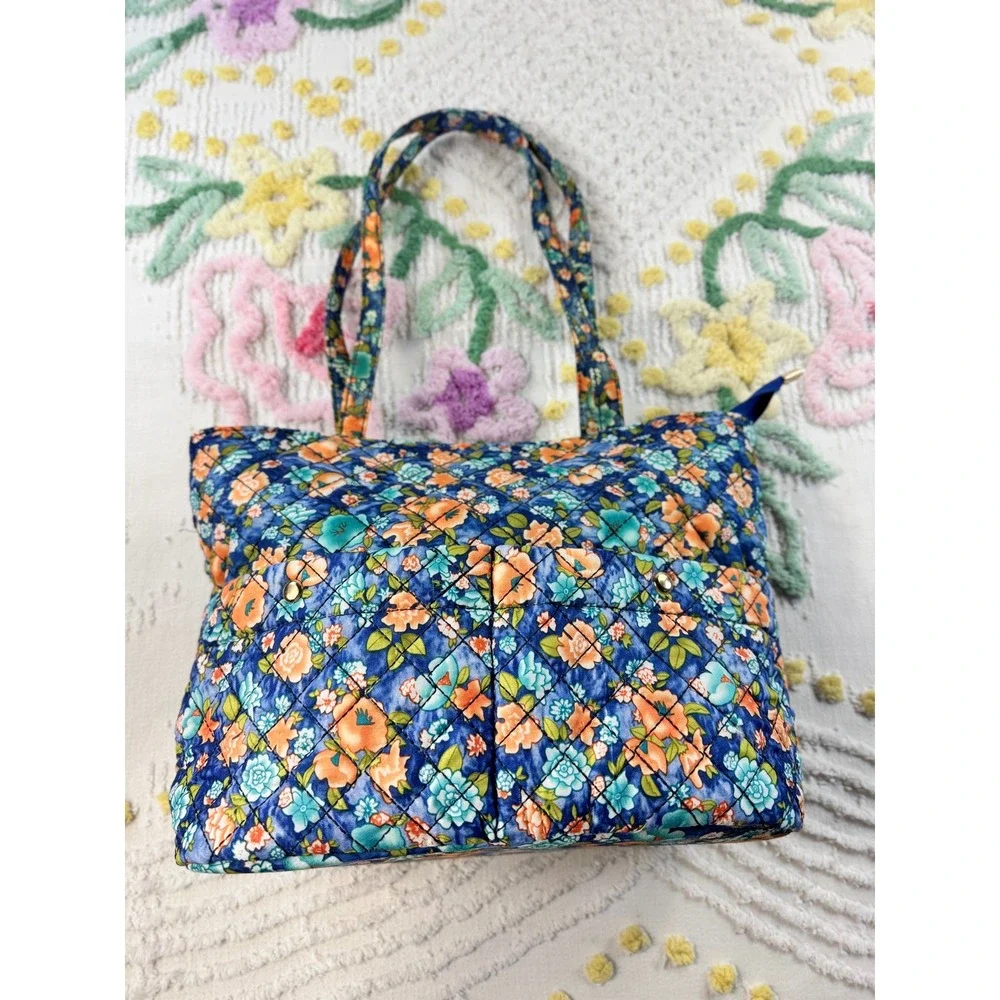 Blue Floral Quilted Cotton Tote Bag Zippered Shoulder Bag with Pockets