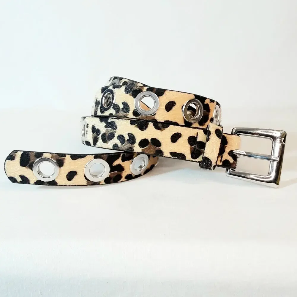 Womens Leopard Print Hairy Faux Leather Belt Size Large Big Grommets