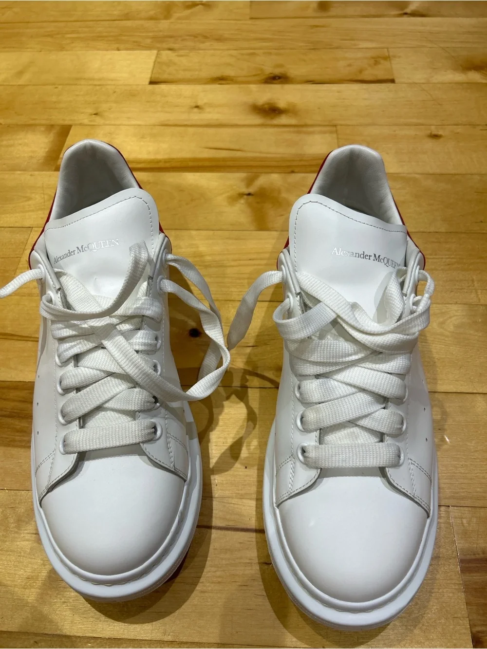 Alexander McQueen White Leather Sneakers with Red Heel Tab