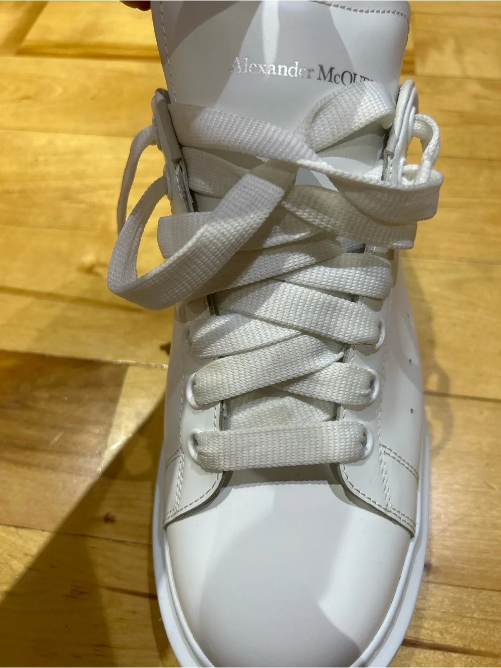 Alexander McQueen White Leather Sneakers with Red Heel Tab