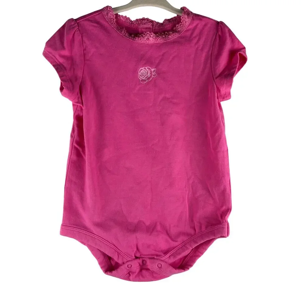 Faded Glory Bodysuit Onesie Baby Girls 24 Months Pink Lace Trim Floral Coquette