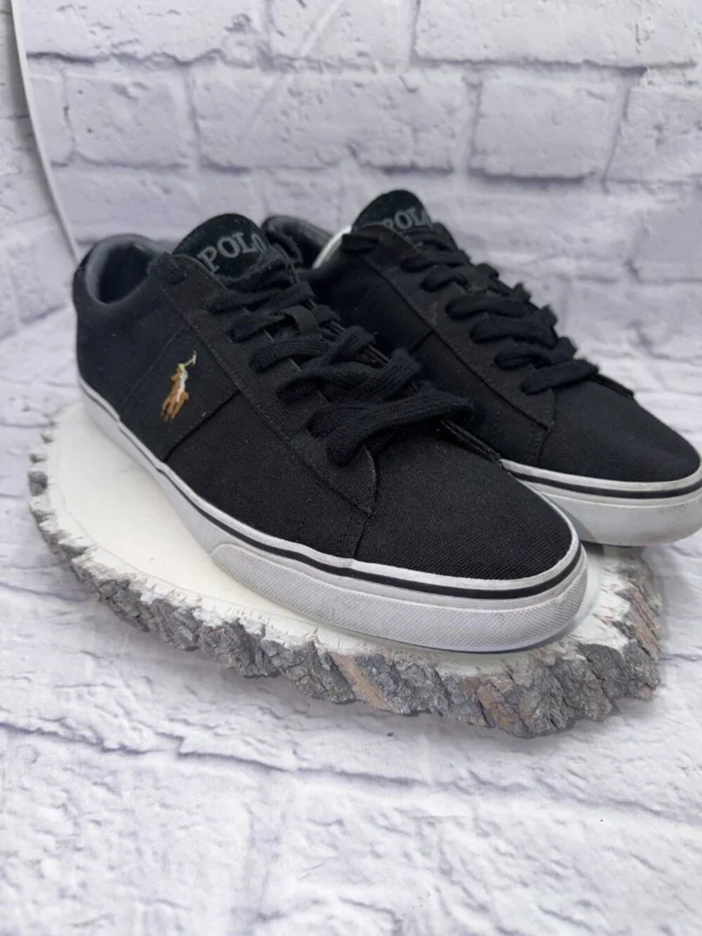 Mens Polo Ralph Lauren Sayer Black Canvas and Suede Sneakers Shoes Sz 11.5