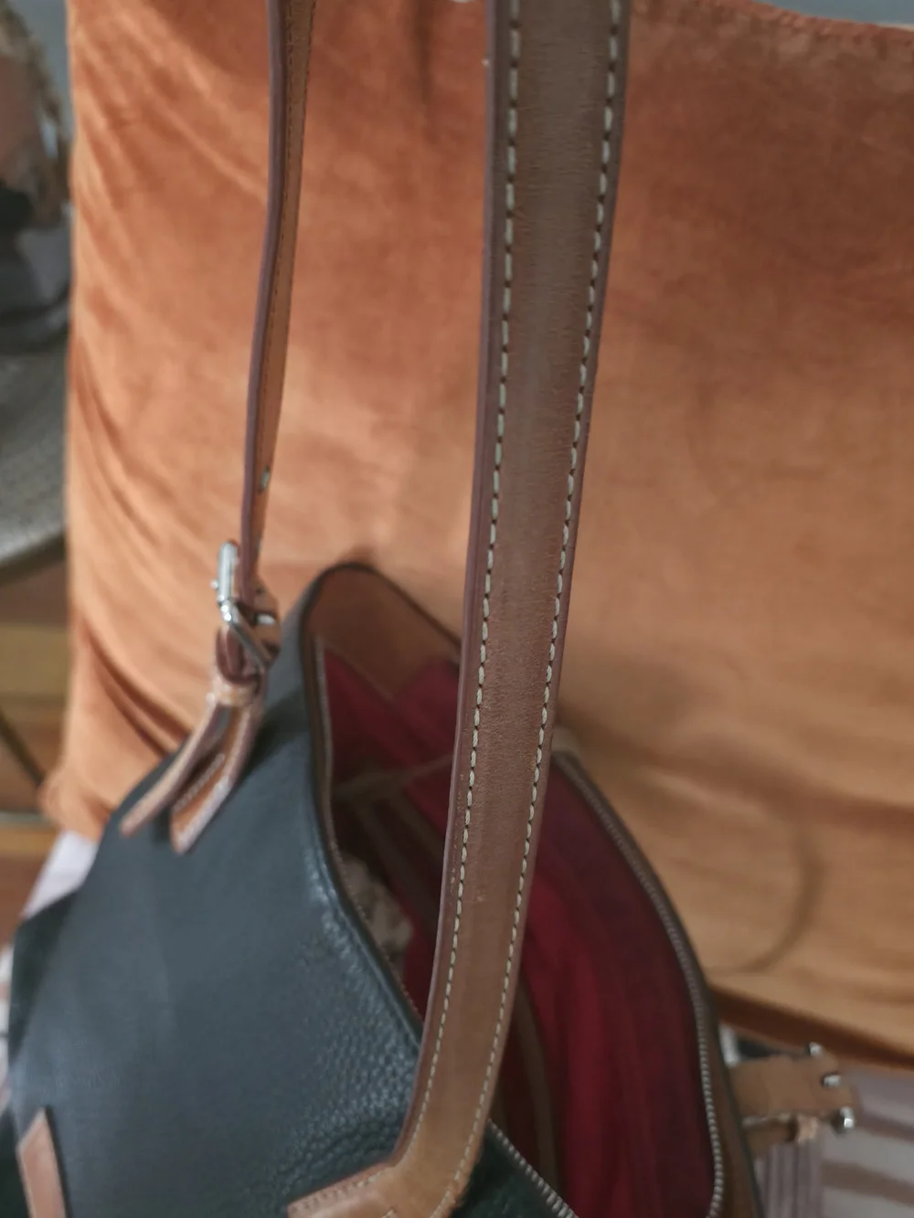 Dooney & Bourke Black Pebbled Leather Tote with Brown Straps