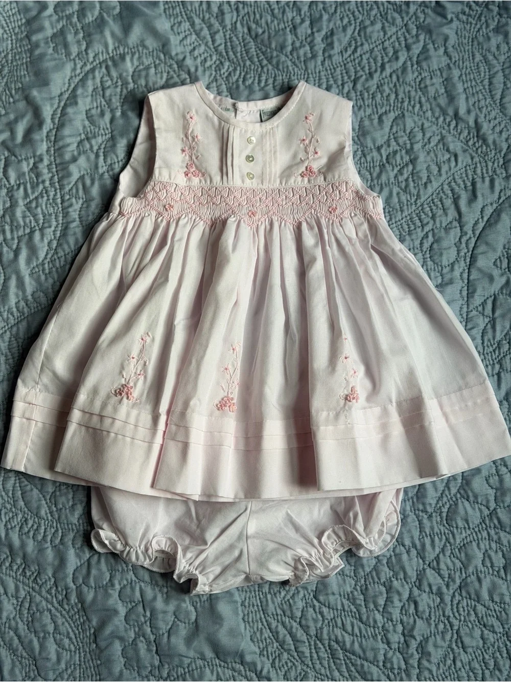 Baby Girl Pink Smocked Embroidered Dress with Bloomers