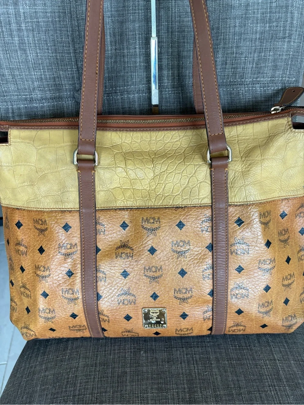 MCM Two-Tone Cognac and Mustard Monogram Leather Shoulder Tote