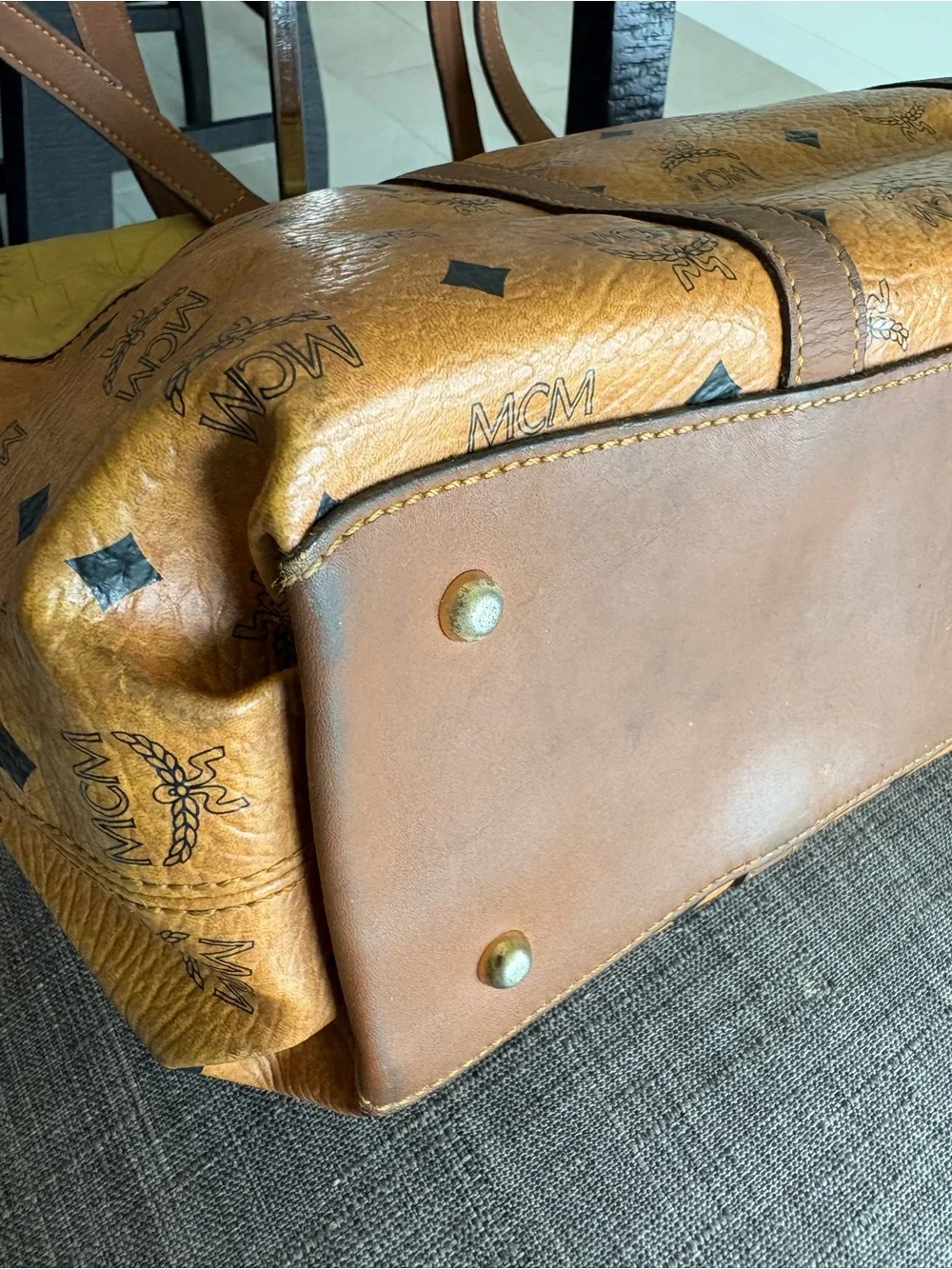 MCM Two-Tone Cognac and Mustard Monogram Leather Shoulder Tote