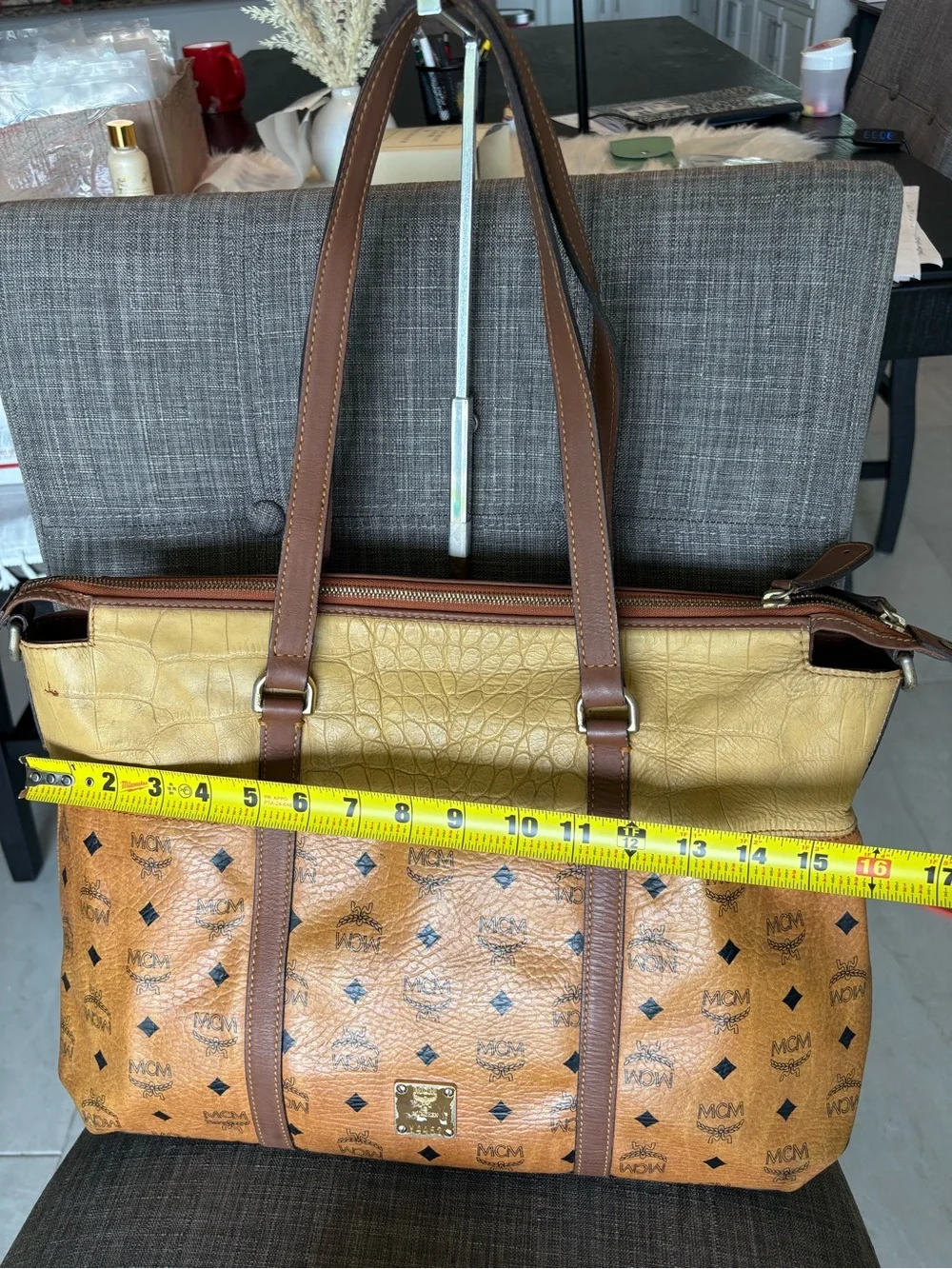 MCM Two-Tone Cognac and Mustard Monogram Leather Shoulder Tote