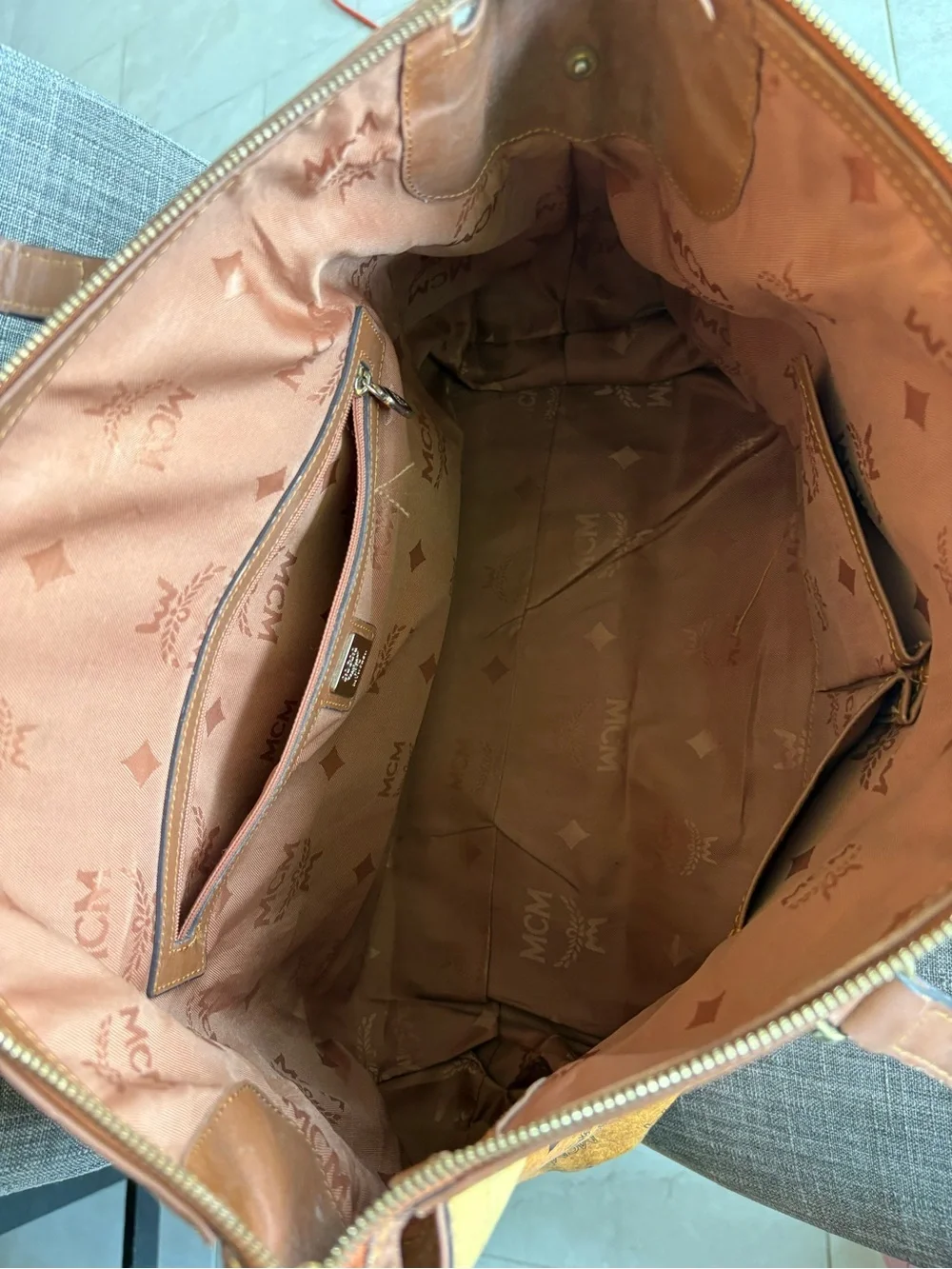 MCM Two-Tone Cognac and Mustard Monogram Leather Shoulder Tote