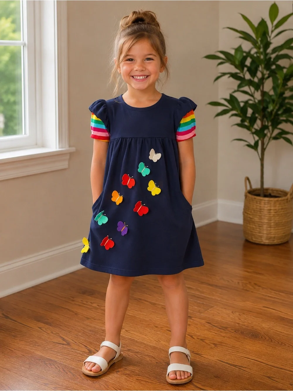 Navy Butterfly Pocket Dress with Rainbow Sleeves - Kids