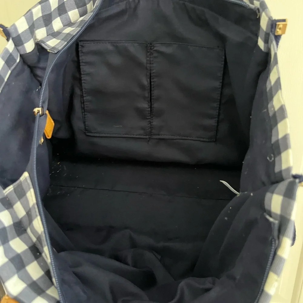 Stylish Checkered Navy & White Tote Bag with Tan Accents