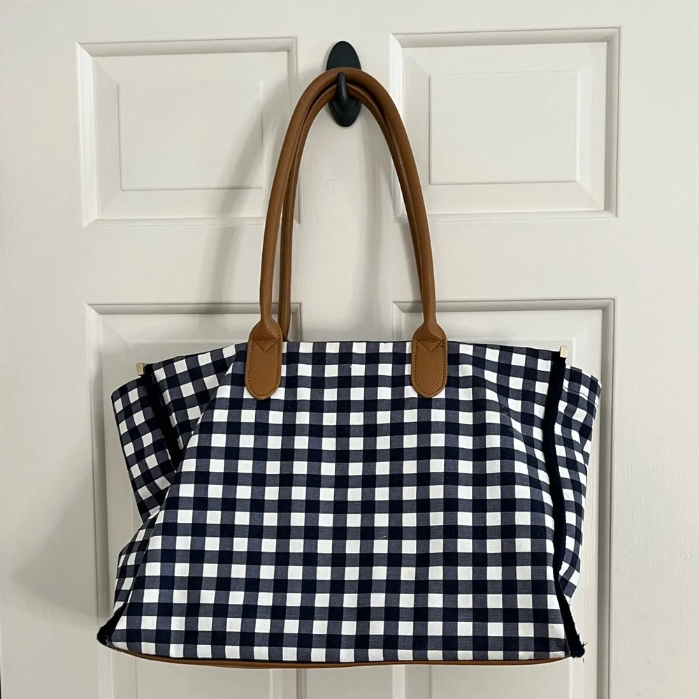 Stylish Checkered Navy & White Tote Bag with Tan Accents