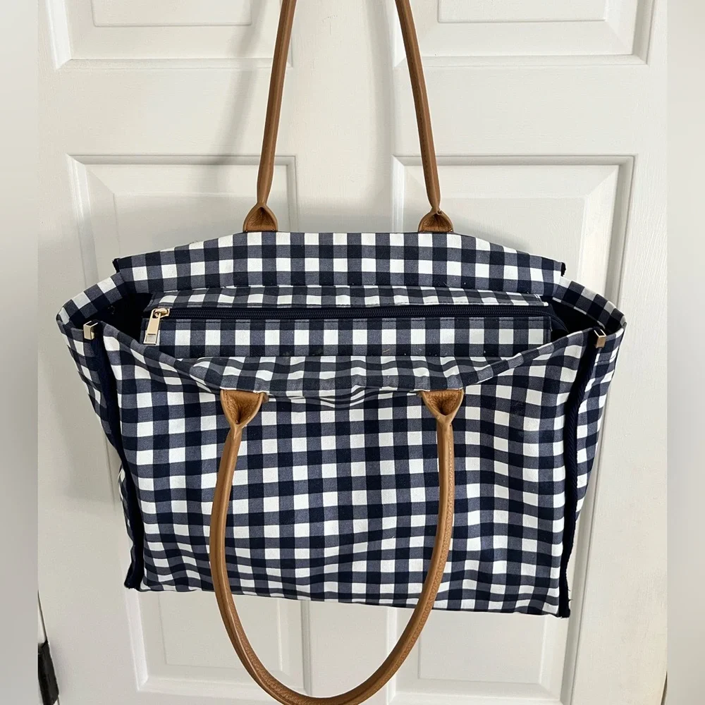 Stylish Checkered Navy & White Tote Bag with Tan Accents