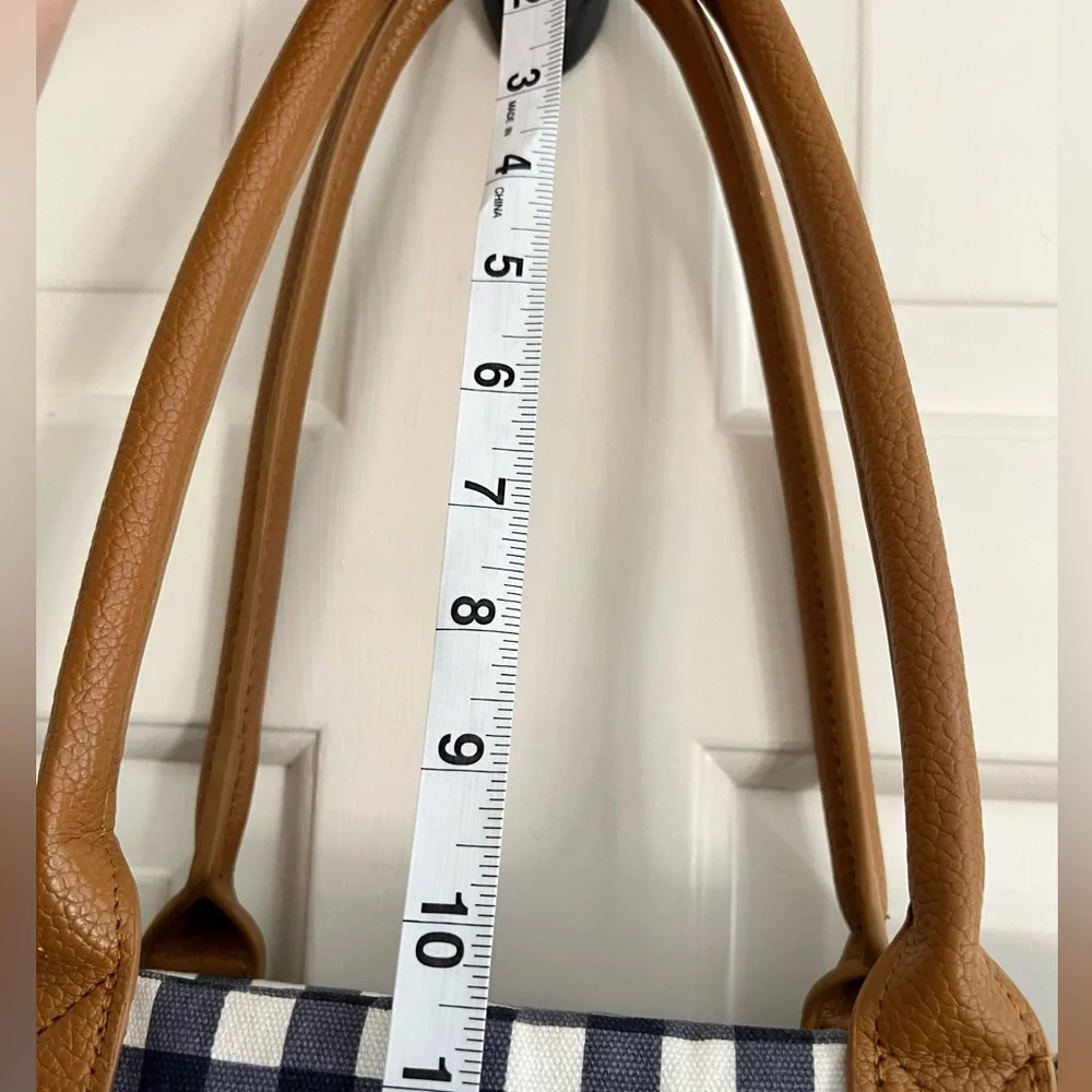 Stylish Checkered Navy & White Tote Bag with Tan Accents