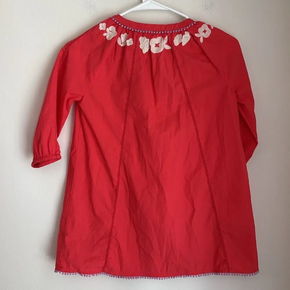 Boden mini girls Red/coral Embellished  embroidered Pom Pom 3/4 Sleeve dress 8/9
