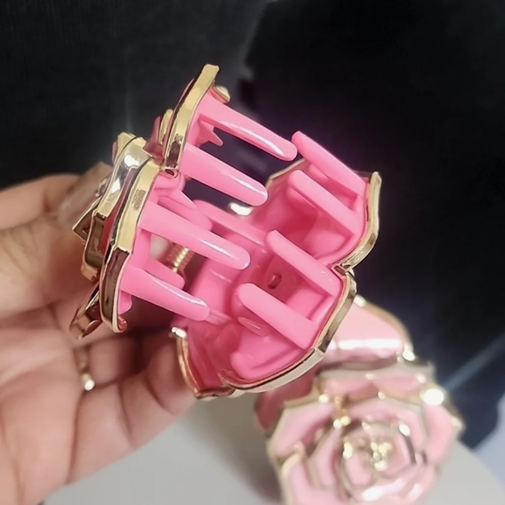 Set of 3  Hair Claw Clip Pink Rose Plumeria Flower New