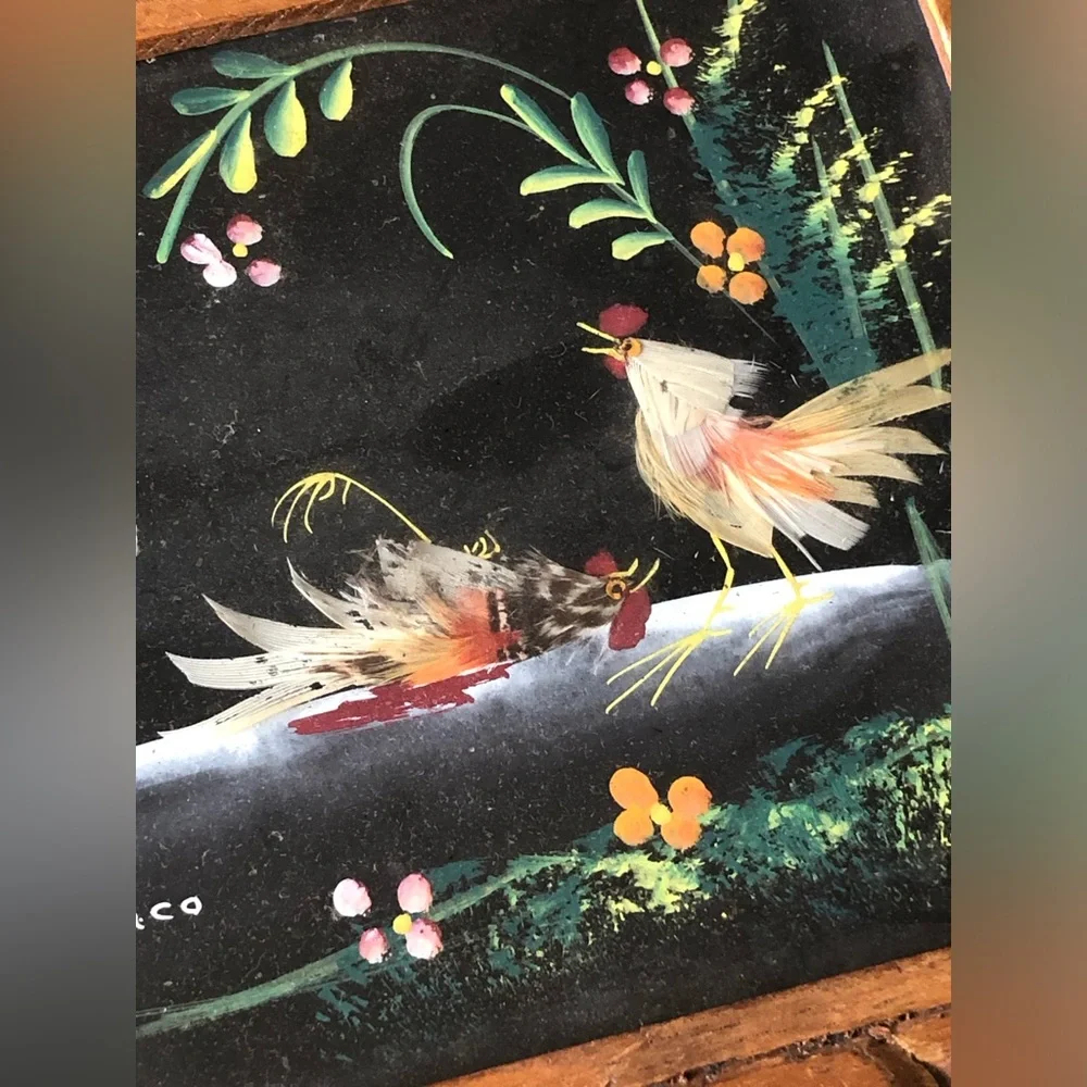 Vtg 1930s Mexican Feather Art Roosters Chickens Folk Art Framed 16x8”
