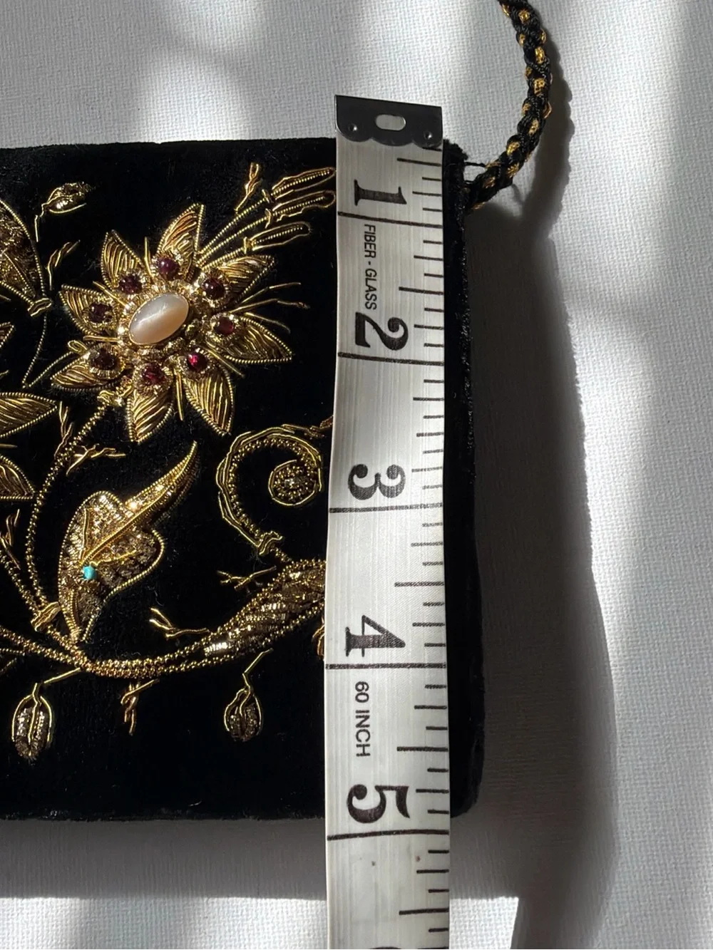 Black Velvet Embroidered Evening Clutch with Gold Floral Accents