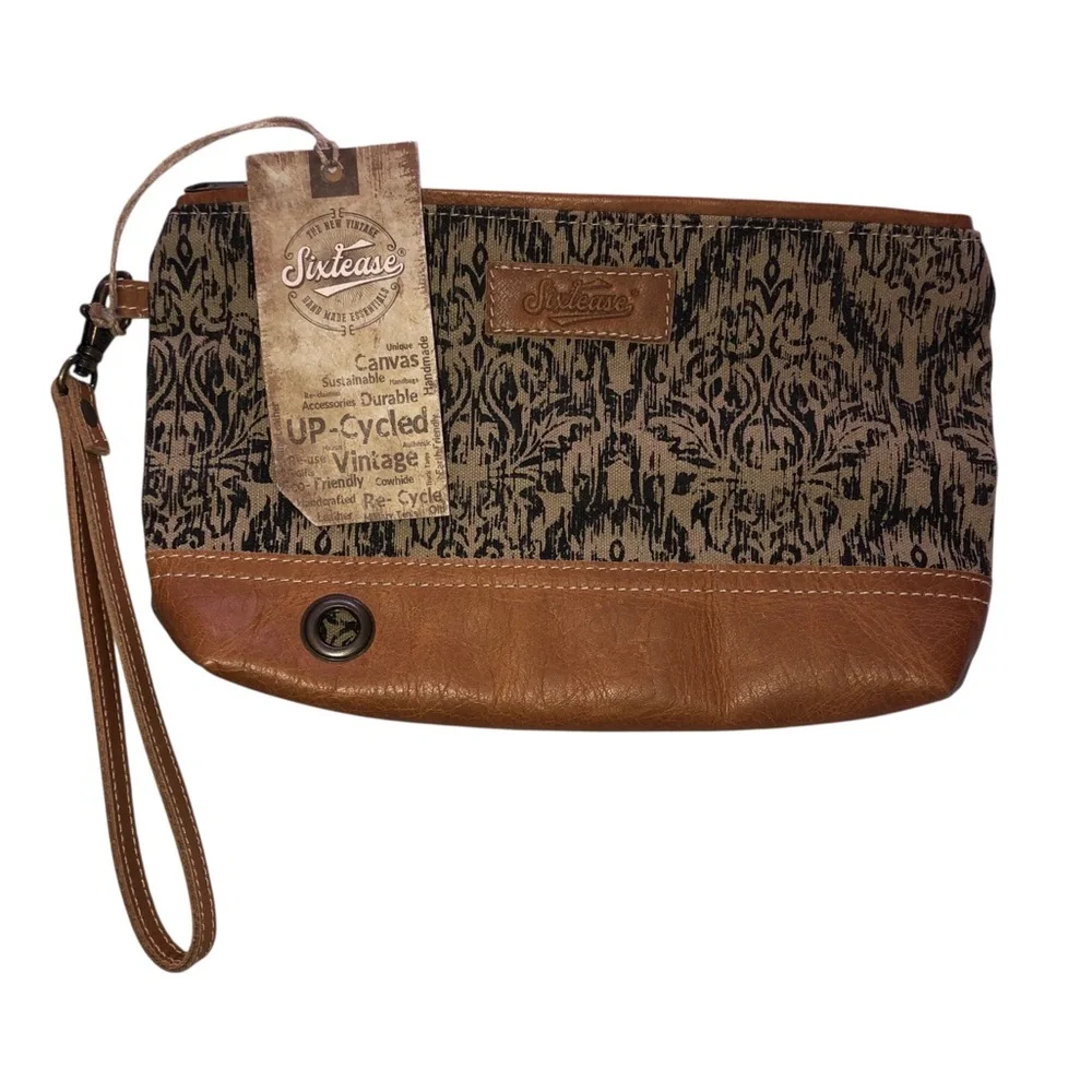 NWT Sixtease Elprine ll Upcycled Cloth and Leather Large Size BTS Wristlet