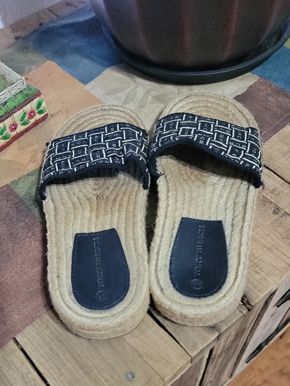 Tory Burch Black Logo Woven Espadrille Slide Sandals Size 5.5