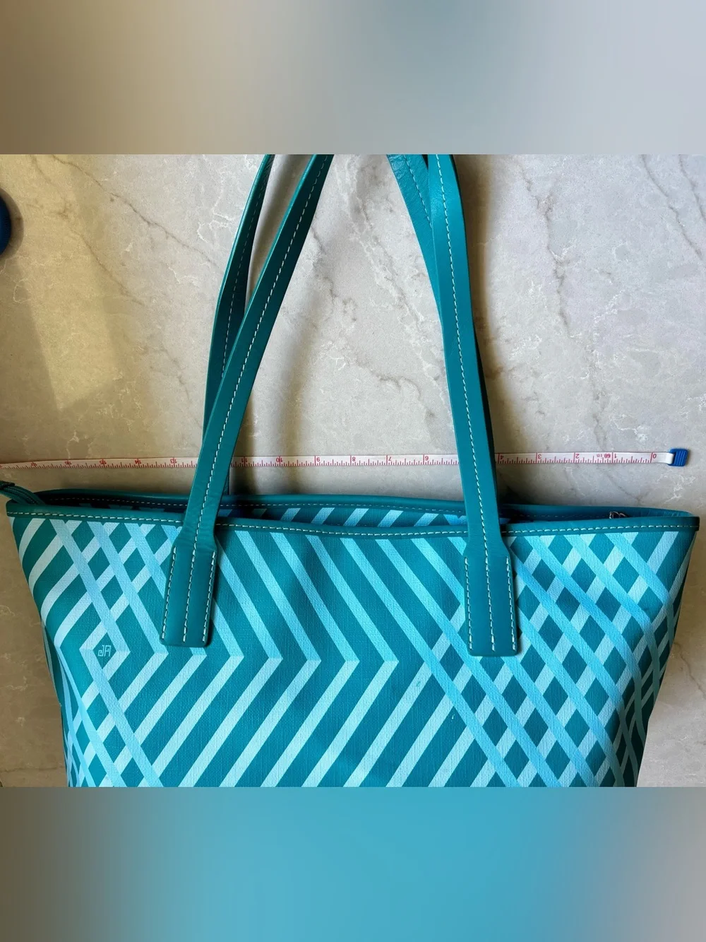 Jonathan Adler Teal Geometric Print Zip Top Tote Shoulder Bag
