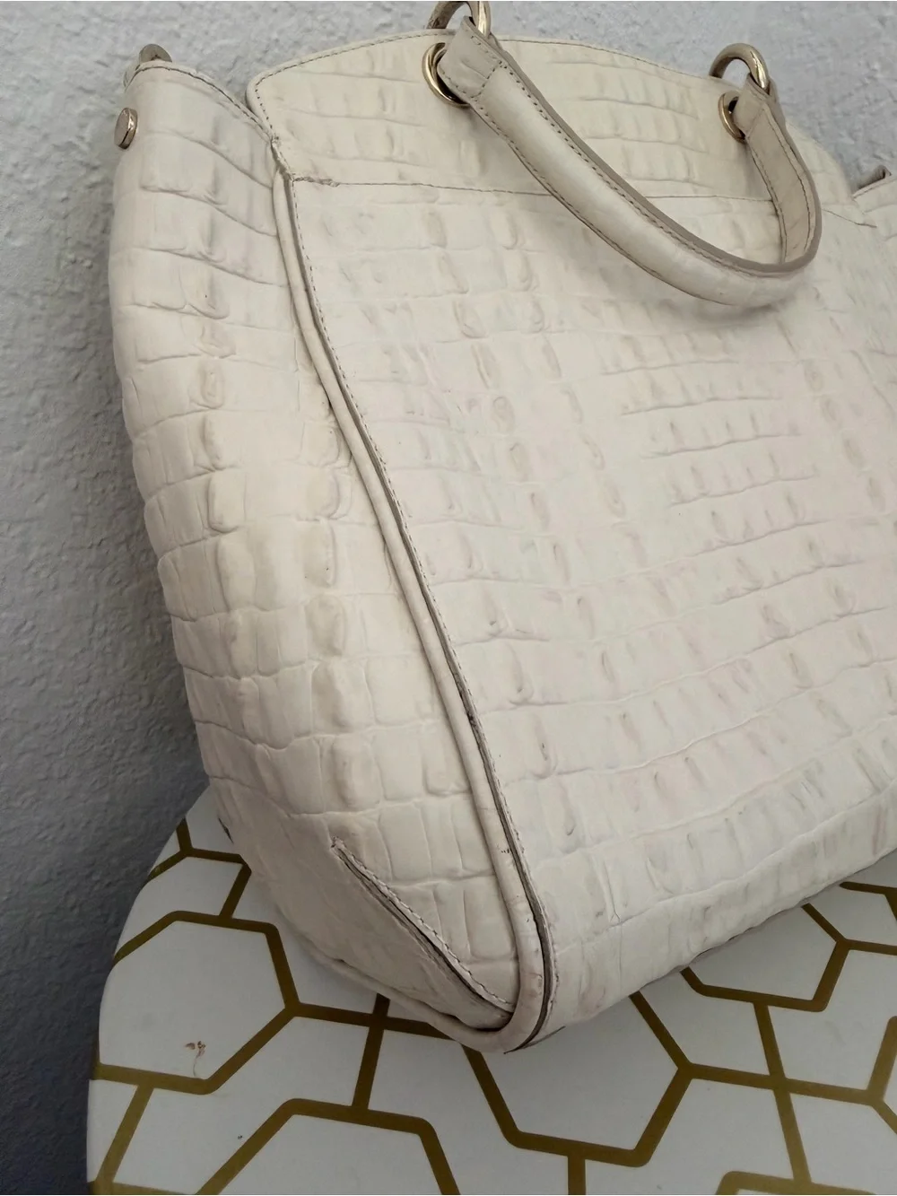 Brahmin Cream Croc-Embossed Tote with Tassel