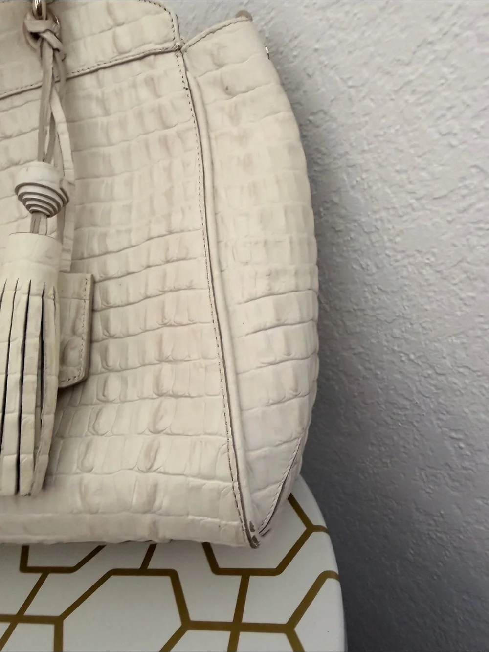 Brahmin Cream Croc-Embossed Tote with Tassel