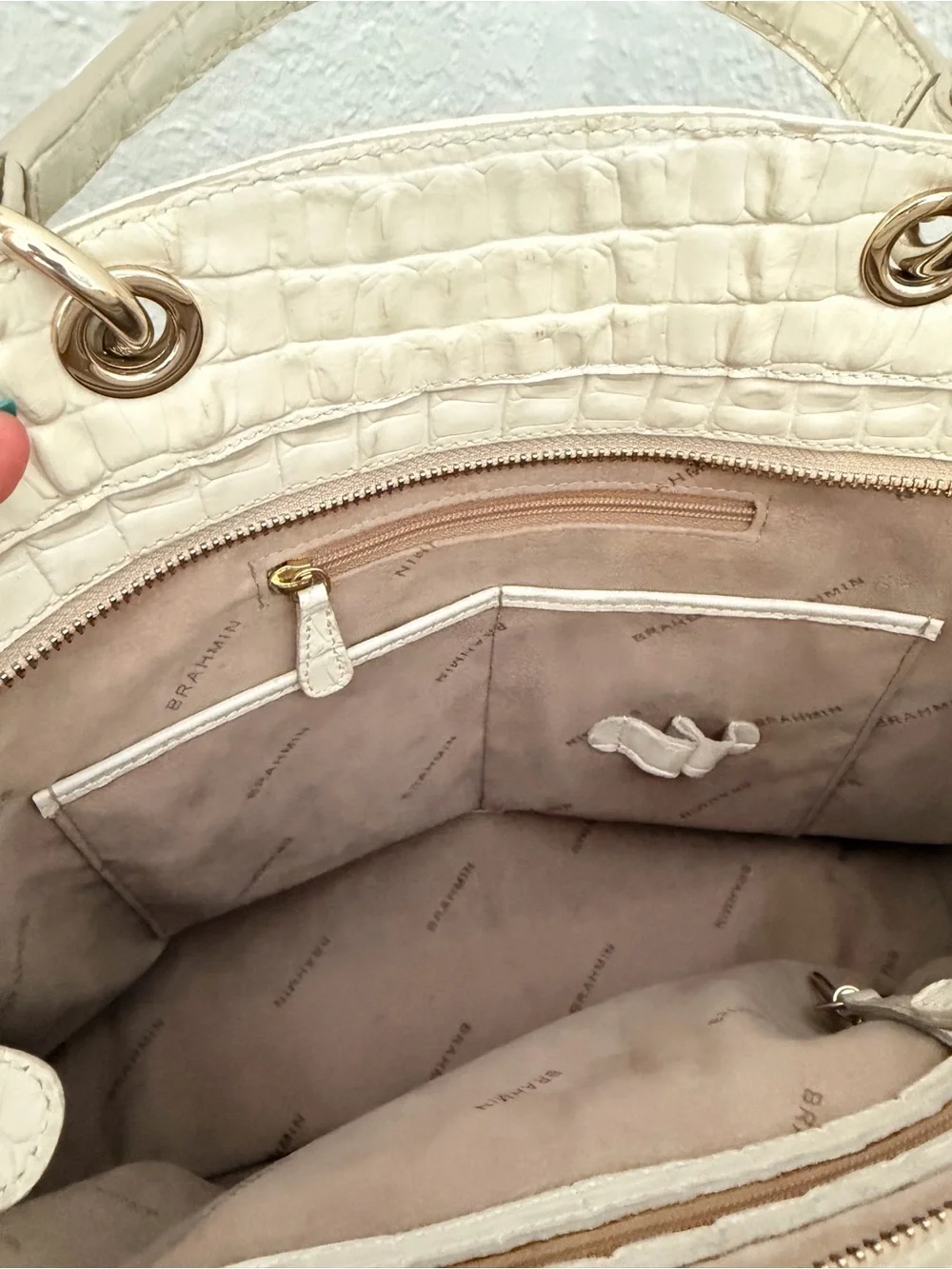 Brahmin Cream Croc-Embossed Tote with Tassel