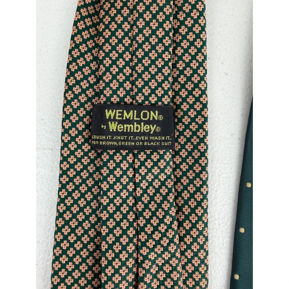 3pc Wembley Vintage Clip On Ties Mens Green Geometric Polka Dot Floral Wemlon
