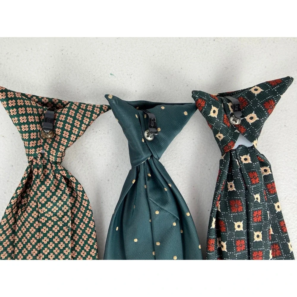 3pc Wembley Vintage Clip On Ties Mens Green Geometric Polka Dot Floral Wemlon