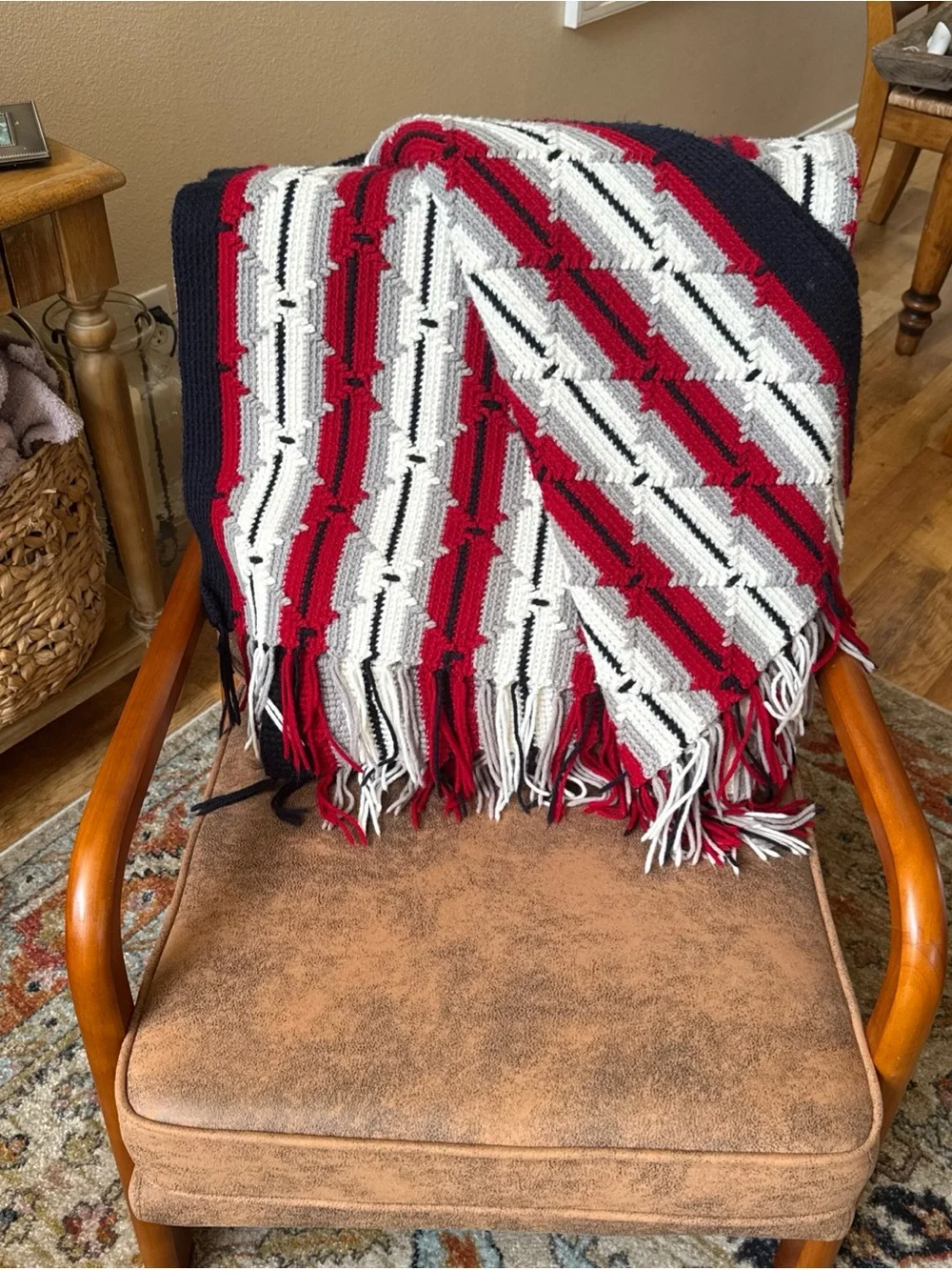 Handmade Crochet Afghan Throw 59x46 Red Gray Navy White Fringe Southwestern