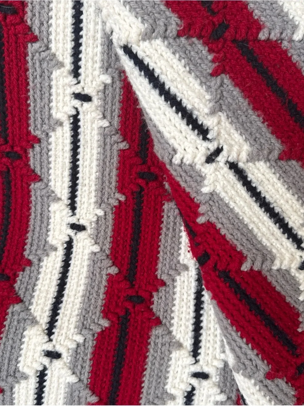 Handmade Crochet Afghan Throw 59x46 Red Gray Navy White Fringe Southwestern