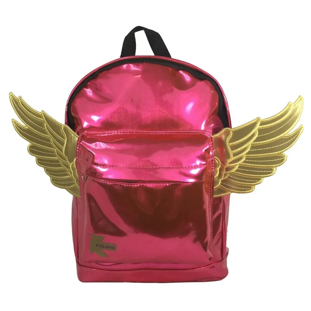 Kids Metallic Pink Wing Backpack - 3D Gold Wings