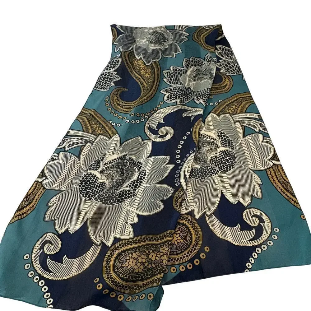 Cejon Paisley Floral Scarf Blue Gold Teal Boho Vintage Style Polyester