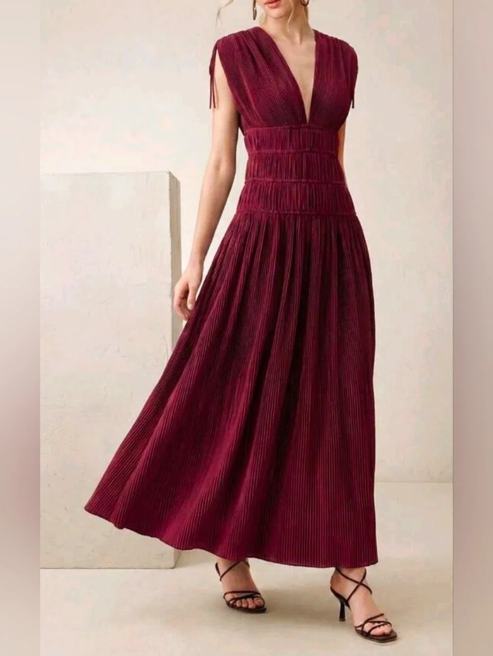 New Luxe Tie Shoulder Pleated Maxi Dress Sleeveless Burgundy Red
